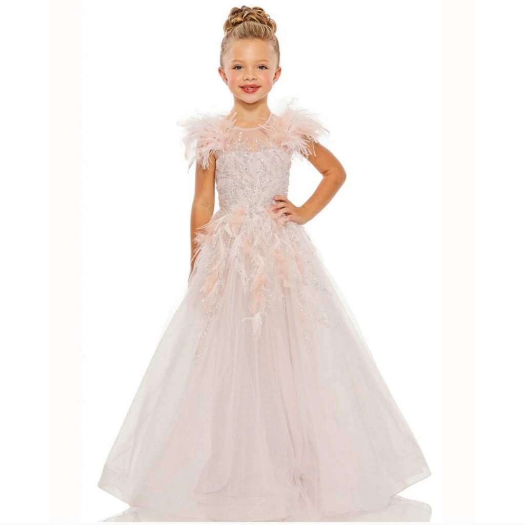 Mac Duggal Girls 4 Feather Sleeve Glitter Tulle Silver Rose Pink 20590 Dress